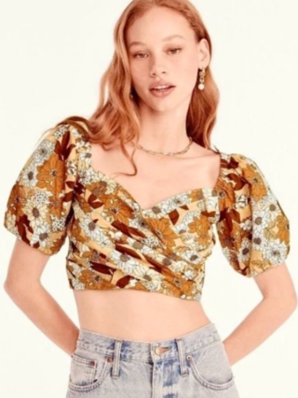 J. Crew Retro Floral Puff Sleeve Crop Top in Zinnia Brown Large